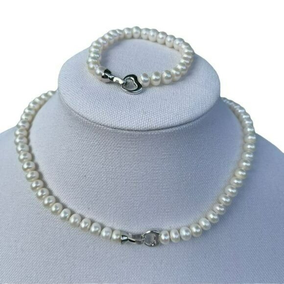 Cultured Freshwater Pearl Necklace And Bracelet Set With Heart Shaped 925S Clasp - Picture 7 of 7